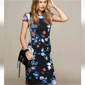 BETSEY JOHNSON Mod Women's Floral Stretch Midi Sheath Dress Size 6 Black Red